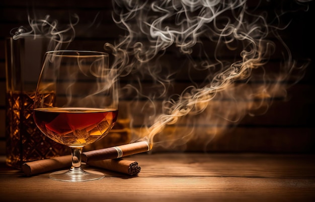 Kieliszek whisky z palącym się cygarem na drewnianym tle Generative AI