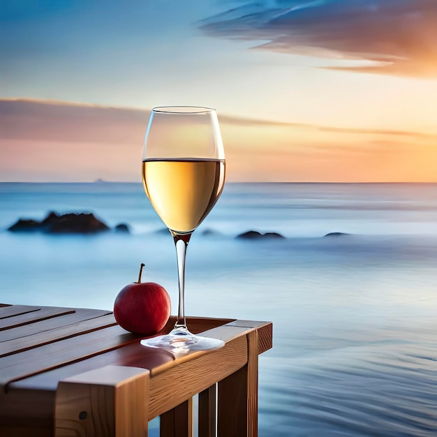 Kieliszek wina stoi na drewnianym stole z widokiem na ocean