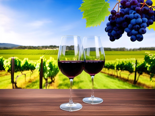 kieliszki czerwonego i białego wina z winogronami na tle winnicy