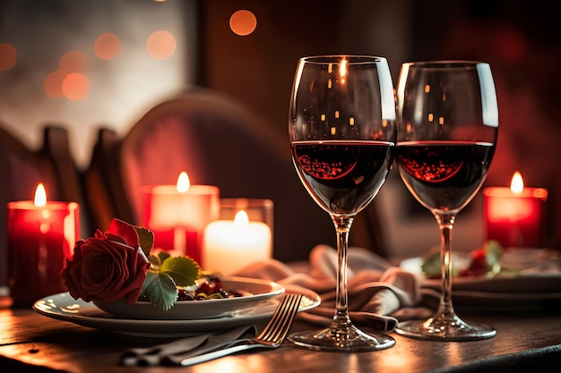 Kieliszki czerwonego wina w restauracji romantyczna kolacja Wygenerowana sztuczna inteligencja sieci neuronowej