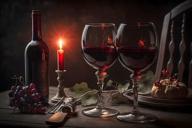 Zdjęcie kieliszki czerwonego wina w restauracji romantyczna kolacja wygenerowana sztuczna inteligencja sieci neuronowej