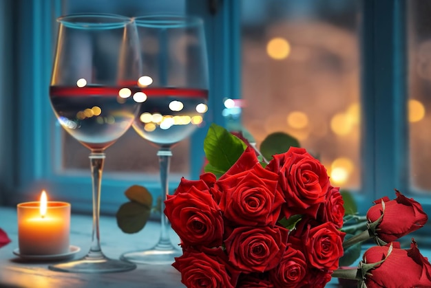 kieliszki do wina Roses kwiaty, płatki i świece niewyraźne światło na stole Romantyczny tło
