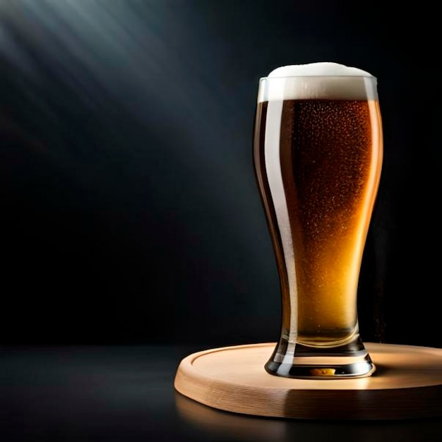 kieliszki piwa na drewnianym stole z beczką piwa obok niego z nowoczesnym oświetleniem otoczenia