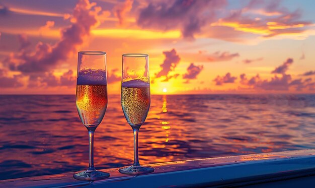 Zdjęcie kieliszki wina lub szampana na zachodnim tle morza