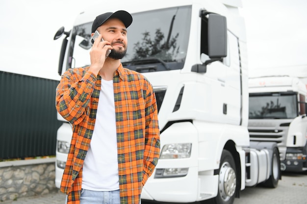 Kierowca ciężarówki rozmawia przez telefon przy swojej białej ciężarówce.