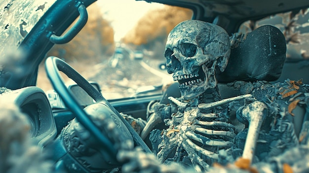 Zdjęcie kierowca ciężarówki z głową szkieletu w koło