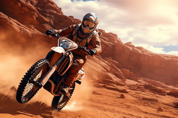 Kierowca motocykla jedzie przez pustynny krajobraz