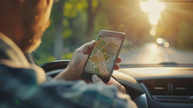Zdjęcie kierowca samochodu szuka wskazówek lub adresów w aplikacji gps lub navigator za pośrednictwem swojego smartfona mobilnego podczas jazdy z bliska