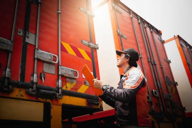 Kierowcy ciężarówek trzymają schowek Sprawdzanie kontenerów Zabezpieczenie drzwi logistyki wysyłki ładunków