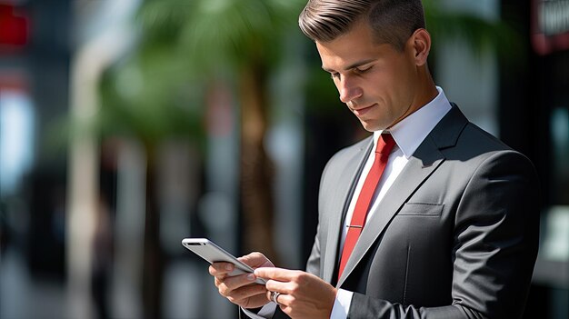 Kierownik patrzy na swój telefon na rozmytym tle ulicy Zdjęcie wysokiej jakości