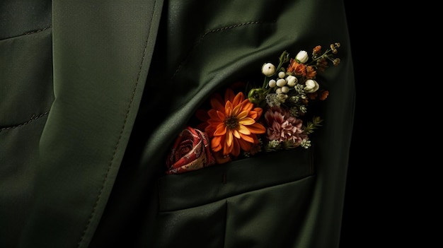 Zdjęcie kieszonka pełna żywych kwiatów na zielonej kurtce