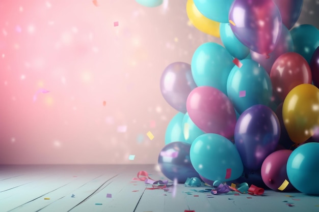 Kilka balonów wpada do pokoju z różowym tłem