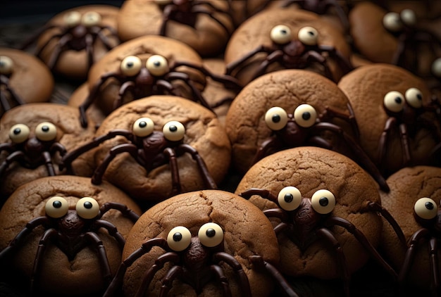 kilka ciasteczek ozdobionych kształtami pająków, jedzenie na Halloween