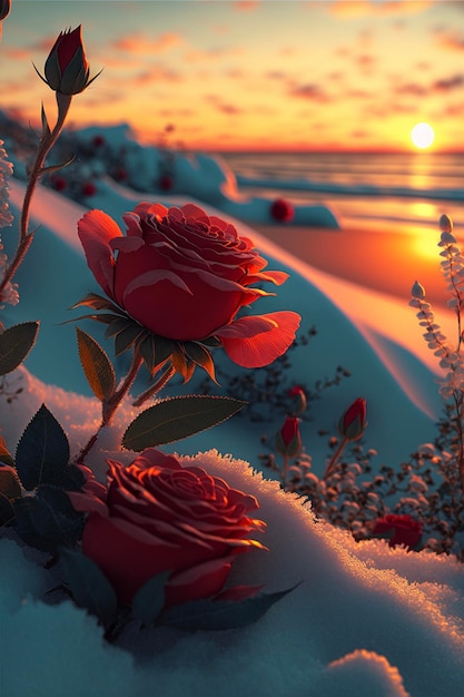 Kilka czerwonych róż siedzi na szczycie pokrytej śniegiem ziemi generatywnej ai