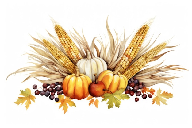 Kilka dyni kukurydzianych i tykwy na białym tle cyfrowy obraz clipart Święto Dziękczynienia