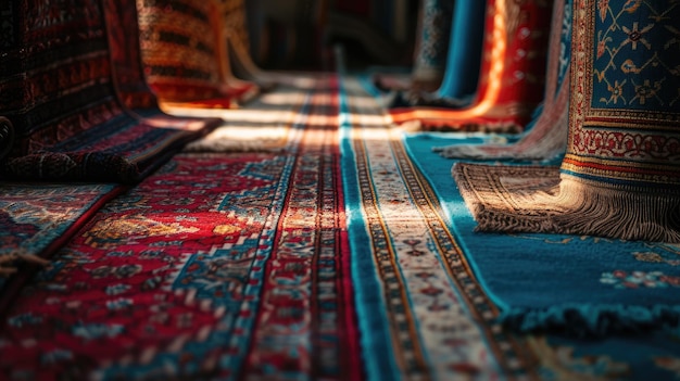 Kilka dywanów modlitewnych ułożonych w rzędzie przygotowujących się do Salat alEid