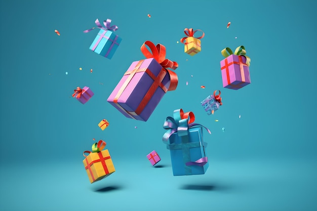 Kilka kolorowych pływających pudełek prezentowych