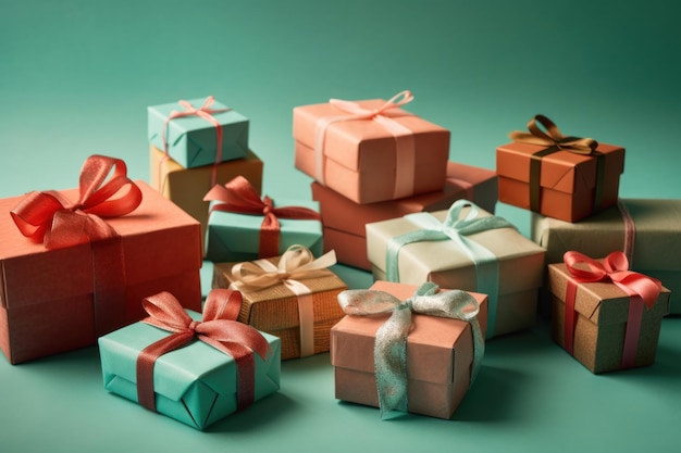 Kilka kolorowych pudełek z prezentami, na których widnieje napis „Boże Narodzenie”.