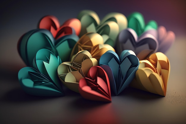 Kilka kolorowych serc origami jest rozrzuconych na ciemnym tle.