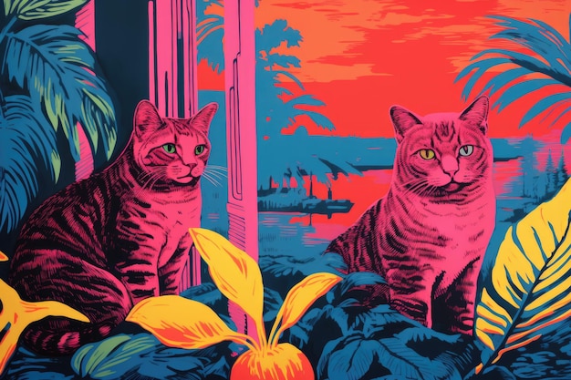 Kilka kotów siedzi obok siebie Obraz cyfrowy Kolorowy, żywy obraz w stylu pop