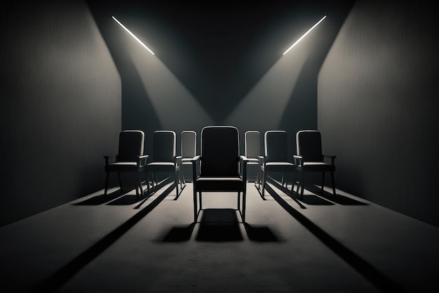 Kilka krzeseł biurowych w ciemnym pokoju jest oświetlonych wiązkami wolumetrycznego światła studyjnego Koncepcja sukcesu przywództwa w pracy zespołowej wakat generowany przez sztuczną inteligencję