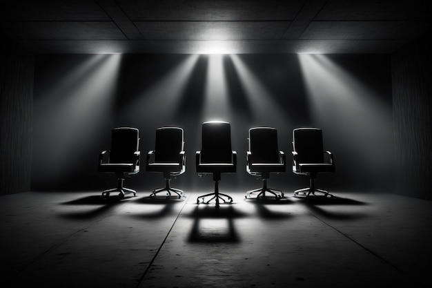 Kilka krzeseł biurowych w ciemnym pokoju jest oświetlonych wiązkami wolumetrycznego światła studyjnego Koncepcja sukcesu przywództwa w pracy zespołowej wakat generowany przez sztuczną inteligencję