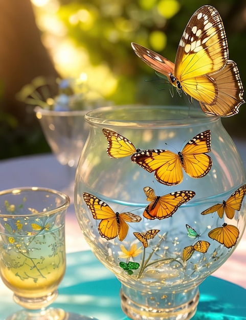 Kilka motyli o wielu kolorach latających nad szklankami