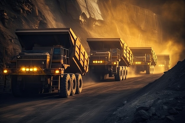 Kilka ogromnych ciężarówek kamieniołomowych przenosi skałę do uzupełnienia i przetwarzania Duże ciężarówki górnicze pracują w nocnej zmianie