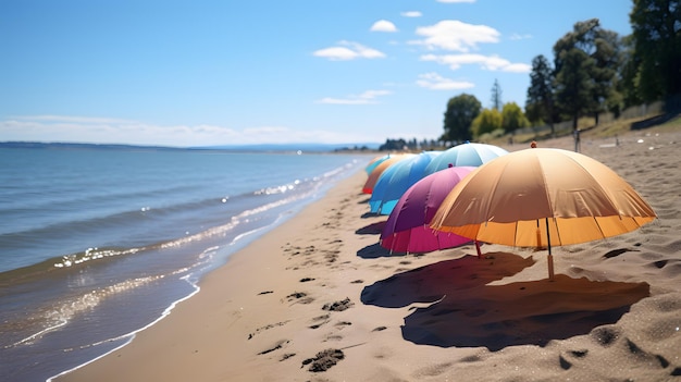 kilka parasoli jest ustawionych na plaży w pobliżu wody Generacyjna AI