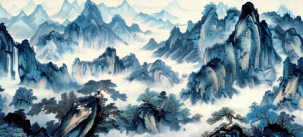 Kilka postaci o niskiej nasyceniu kolorów, tekstura papieru ryżowego, figurki krajobrazowe i tło górskie są obecne w tym starożytnym chińskim malarstwie atramentowym.