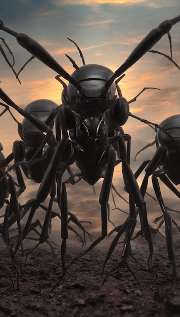 Kilka pozaziemskich obcych podobnych do kolosalnych czarnych pancernych mrówek z strasznymi ekstremalnie dużymi