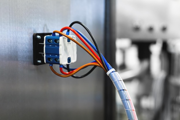 Zdjęcie kilka przełączników seryjnych w szafce sterowania elektrycznego na linii produkcyjnej otoczonej inwerterami