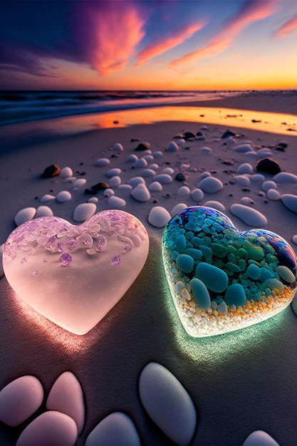Kilka serc siedzi na szczycie generatywnej ai piaszczystej plaży