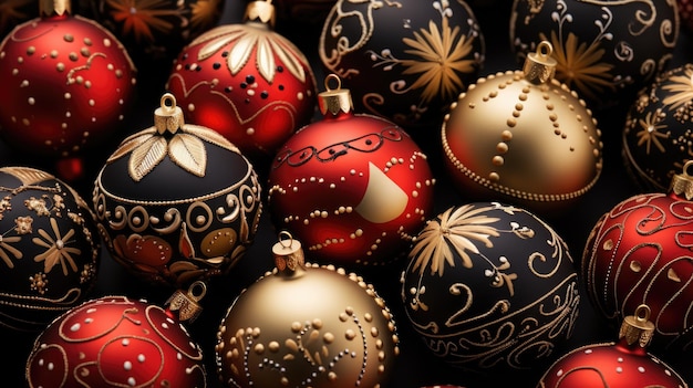 Kilka świątecznych dekoracji w złocie i czerwieni na ciemnym tle Generative Ai