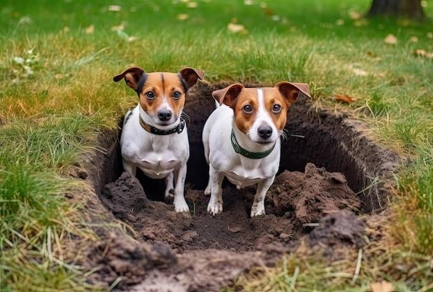 Kilka terierów Jack Russell kopiących psią dziurę na podwórku na zewnątrz