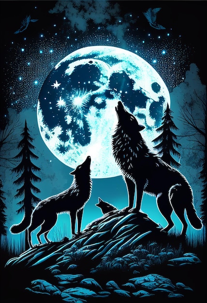 Kilka wilków wrzeszczących na księżyc wygenerowany przez sztuczną inteligencję