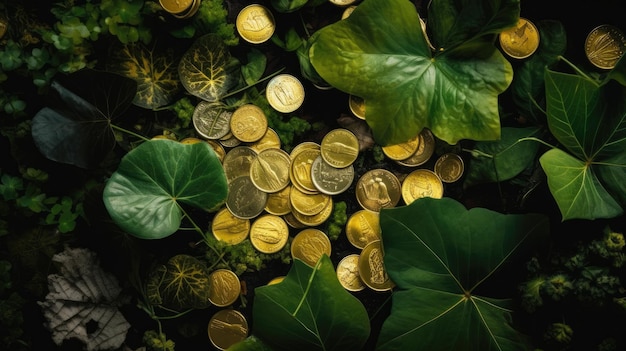 Kilka złotych monet leży na stole z zielonymi liśćmi.