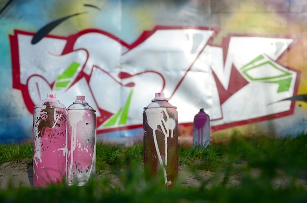 Kilka zużytych puszek z farbą leży na ziemi przy ścianie z pięknym obrazem graffiti.