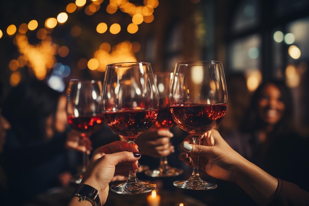 Kilku ludzi wypija kieliszki z czerwonym winem w barze.