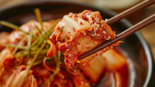 Zdjęcie kimchi z kapustą zjedzone pałeczkami koreańskimi domowymi fermentowanymi generatywnymi ai dodatkami