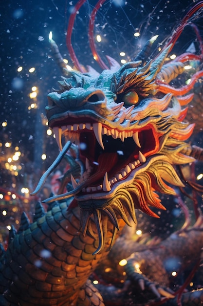 Kinematograficzne zdjęcie chińskiego spektaklu świetlnego na temat smoków