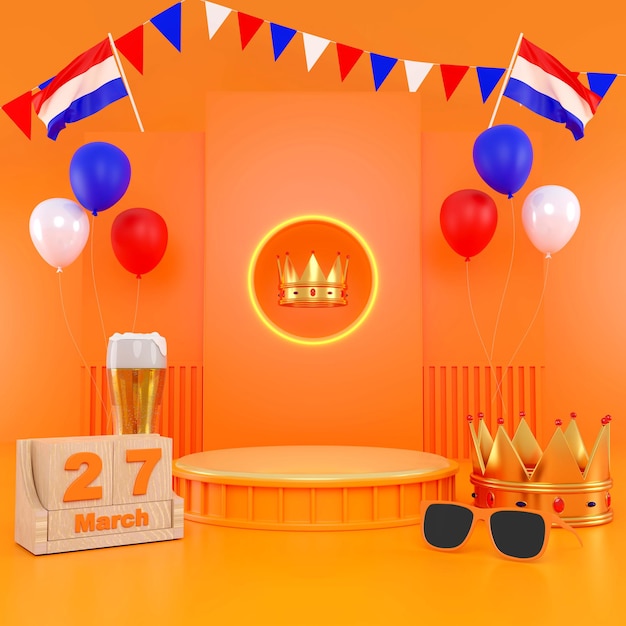 Kings Day Świętuj Podium Rendering 3d Królowie Urodziny w Holandii