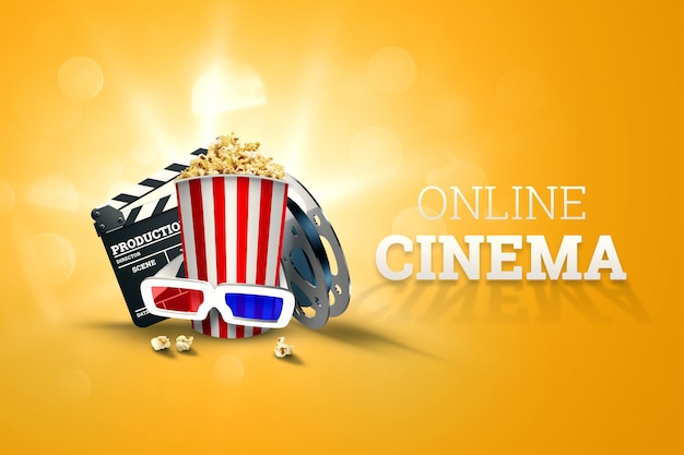 Kino, atrybuty kina, kina, filmy, oglądanie online, popcorn i okulary.