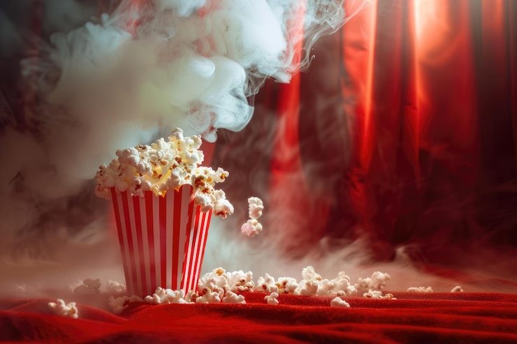 Zdjęcie kino ciesz się pokazem z popcornem i biletami do filmu koncepcyjny obraz niemieckiego kina temat