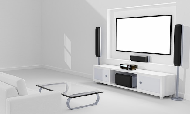 Kino domowe i ekran telewizyjny w salonie Duży ekran ścienny sprzęt telewizyjny i dźwiękowy do mini kina domowego z głośnikami otaczającymi system w pokoju biała marmurowa podłoga 3D Rendering