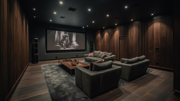 Kino domowe z dużym ekranem, który mówi „dom jest na ścianie”