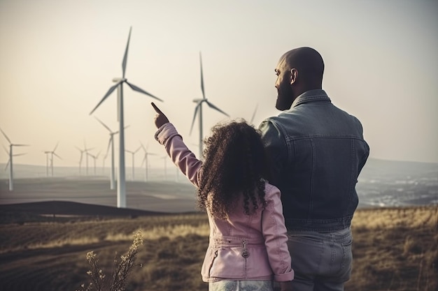 Kinowe ujęcie afroamerykańskiego młodego ojca inżyniera obok swojej córki patrzącego na pole wiatraka Koncepcja energii odnawialnej i zrównoważonego rozwoju