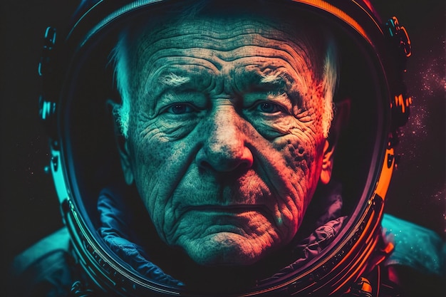 Kinowy portret starego astronauty w skafandrze kosmicznym oświetlonym kolorowym neonem Generative AI