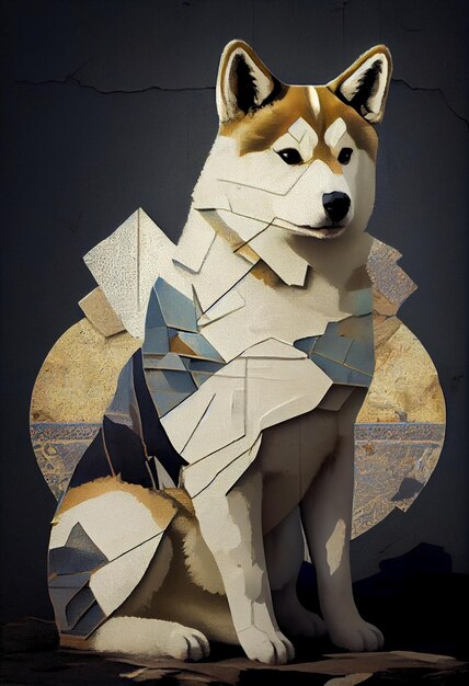 Kintsugi collage pop japońska sztuka elegancka Akita Inu.