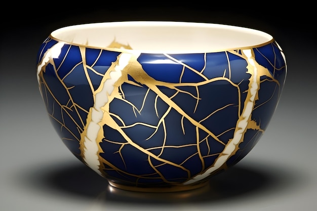 Kintsugi naczynia z pęknięciami miska ceramika zastawy stołowej japońska technika renowacji zastawy stołowej piękno niedoskonałości złote linie filozofia wabi sabi generatywna sztuczna inteligencja